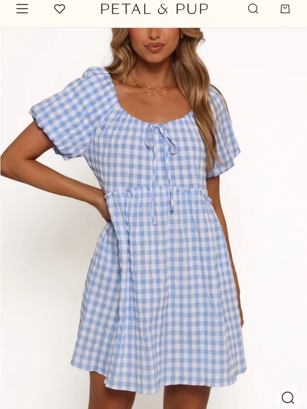 Petal & Pup Dorothea Mini Dress Blue Gingham Puff Sleeve Size S Cottagecore - Picture 2 of 8